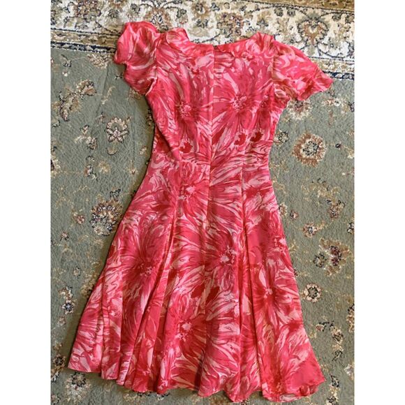 Carrie Hutton Vintage 100% Silk Pink Red Floral Cap Sleeve Midi Dress, size 8 - Picture 2 of 4